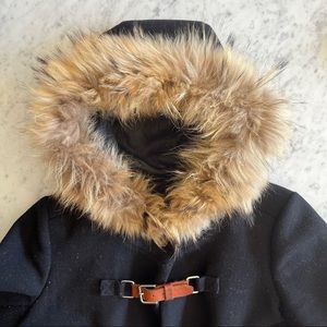 Maje Alenxia Wool Fur Trimmed Duffel Coat Black FR36